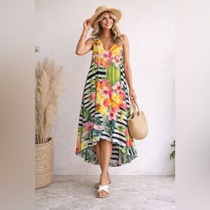 Cartise 16 Tropical Floral Midi Dress Bright Hibiscus Print Sleeveless Summer